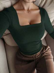 Elegante camiseta básica minimalista vintage casual de uso diario, reversible, de punto con cuello redondo y manga larga para mujer, color negro, para primavera - Verde Oscuro - Ver 2