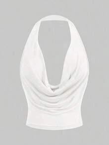 Top corto de color rojo sexy de cuello de escote amplio y sin mangas con estilo sencillo Y2K para mujer - Blanco - Ver 1