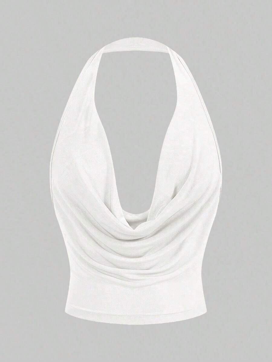 Top corto de color rojo sexy de cuello de escote amplio y sin mangas con estilo sencillo Y2K para mujer - Blanco - Ver 1
