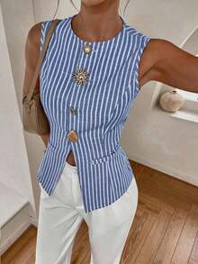 Top de tirantes con botones frontales a rayas, de estilo casual y para ir al trabajo, para mujer, para el verano - Azul y blanco - Ver 2