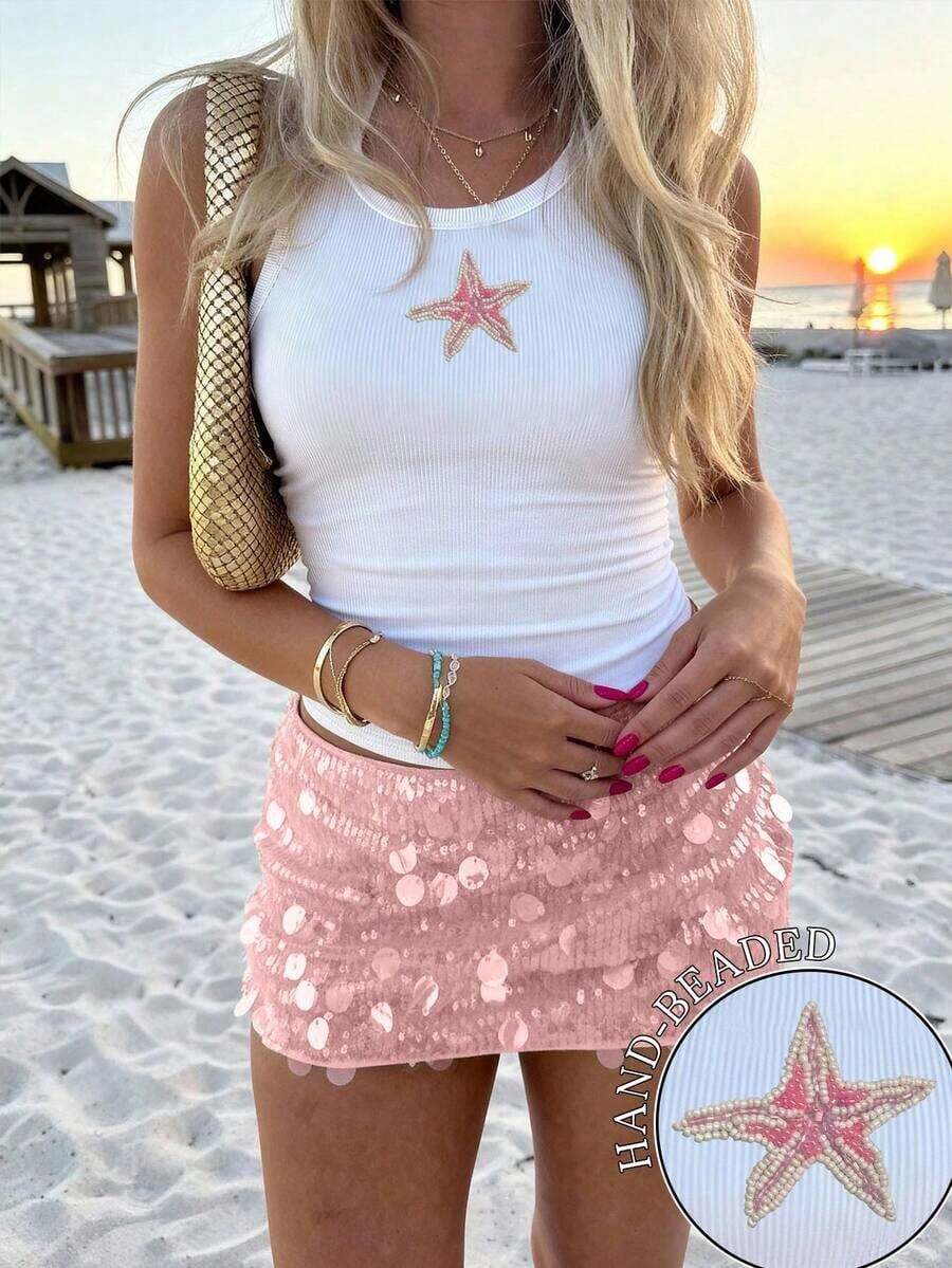Top de camisola casual de vacaciones para mujer decorado con cuentas y estrellas de mar - Blanco 17 - Ver 1