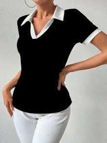 Camiseta de mujer con cuello polo, manga corta, estampado de lunares y parches - Negro 2 - Ver 4