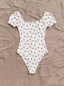 Body con estampado floral de hombros descubiertos ribete fruncido con nudo delantero pecho con fruncido - Multicolor 2 - Ver 2