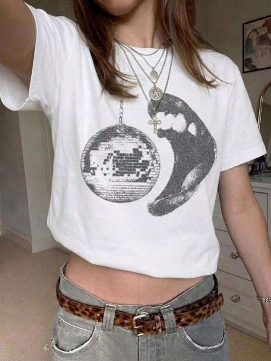 Camiseta de manga corta con cuello redondo y estampado para mujer, corte holgado informal, tela súper suave y cómoda, estilo de moda urbana, camiseta gráfica clásica que combina con todo, top básico diario transpirable y ligero, perfecta para uso diario, vacaciones informales, viajes al trabajo, actividades al aire libre, reuniones de fin de semana, compras y actividades de ocio, camiseta casual de gran tamaño para mujer, adecuada como regalo. playera de mujer. blusas>elegantes. boho chic,Top de mujer suave, transpirable y cómodo, ideal para primavera, verano y otoño, perfecto para vacaciones, viajes y uso diario. - Blanco - Ver 1