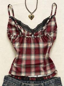 Top de camisola con parches de encaje y estampado de leopardo sexy para vacaciones de verano - Rojo - Ver 2