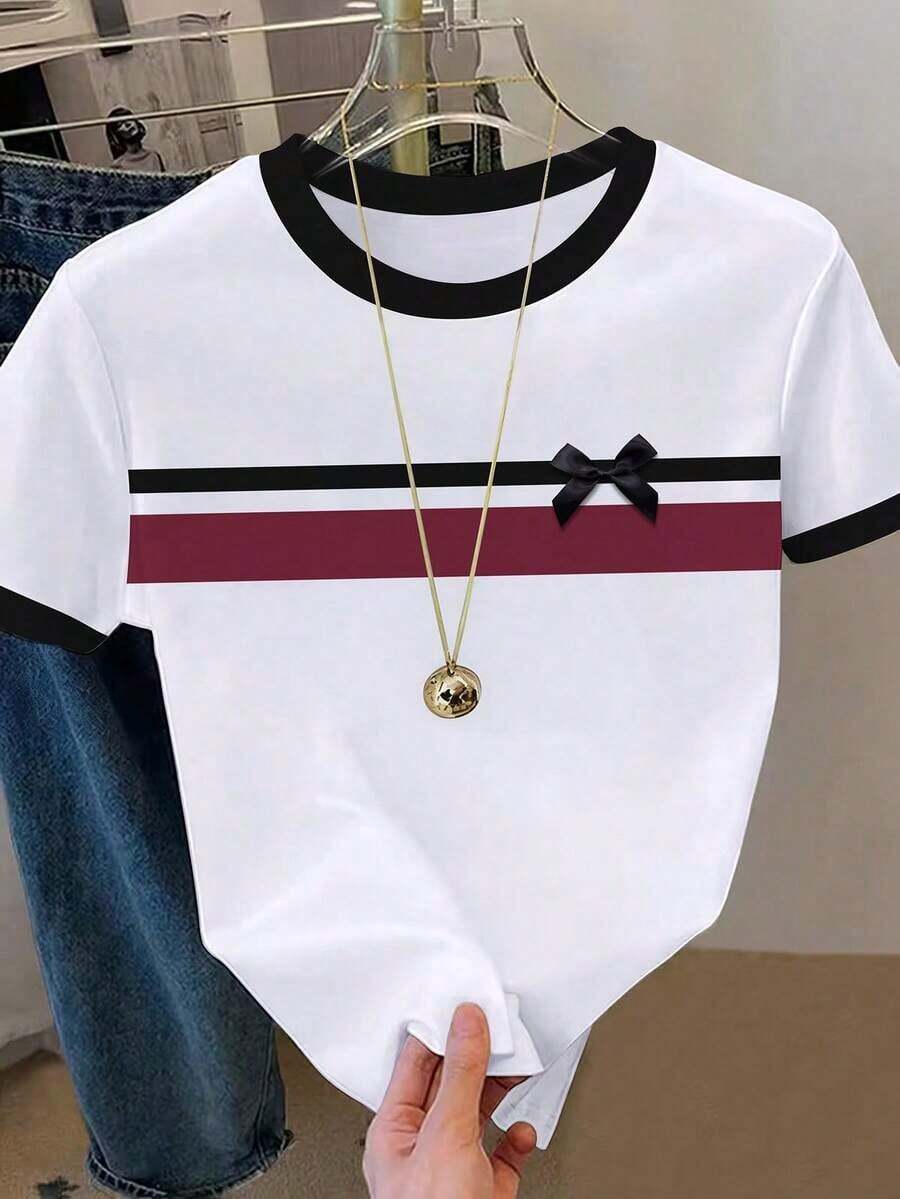 Camiseta de manga corta con cuello redondo y bordado de ballena, estilo casual para mujer, primavera/verano - Multicolor - Ver 1