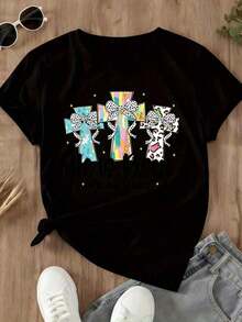 1 Piece Christian T-Shirt For Women With Bible Verse Matthew 28:6 "He Has Risen" And Easter Cross, Gift Of Faith For Spring, White, 180g, 100% Cotton - 黑色 - 查看 4