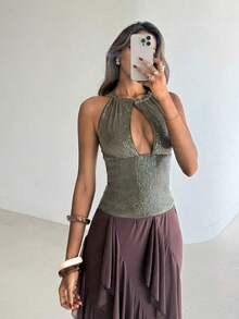 Nuevo camisol de tirantes finos con espalda descubierta y lentejuelas rosas para mujer, elegante y sexy, ideal para el Día de San Valentín, fiestas y viajes - Verde 2 - Ver 4