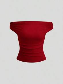 Sweetro Top casual con hombros descubiertos y pliegues de unicolor, otoño - Multicolor 12 - Ver 3