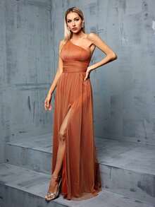Vestido de malla con un hombro asimétrico, pecho fruncido, recorte hueco y abertura alta en A, vestido de dama de honor para boda, color rosa, primavera - Naranja Quemada - Ver 6