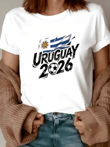 Uruguayan Flag Waving Next To A Ball, Representing Sporting Pride, National Passion, And Hope For The 2026 Tournament. Women's Casual, Modern, Comfortable T-Shirt For Football Fans. - 白色 - 查看 8