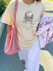 Short-Sleeved T-Shirt With Round Neck And Slogan Print, Casual Summer Style For Women, Fashionable Clothing For Everyday Wear And Holidays, Suitable For Daily Use And Vacation, White Color. - 杏色 - 查看 9