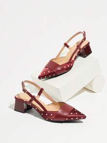 Women's Red & White Polka Dot Pattern Patchwork Pointed Toe Ankle Strap Chunky Heel Slip-On Closed Toe High Heels, Festival, Block Heels, Gathering - Burgundy - View 6