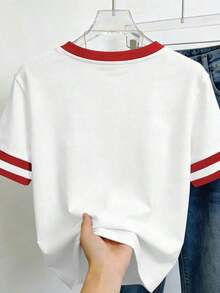 Women's Casual Short-Sleeve Crew Neck T-Shirt In Light Blue With A Heart Print That Says "One At A Time" - Made Of Soft Polyester, Machine Washable, A Spring/Summer Fashion Essential, Everyday T-Shirt | Crew Neck T-Shirt | Polyester Fabric - 白色的 - 查看 2