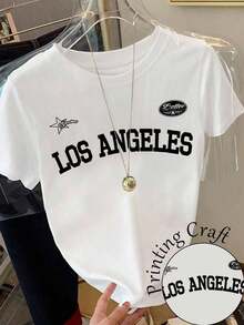 Camiseta de mujer casual de cuello redondo y manga corta con estampado de lazo - Blanco - Ver 1