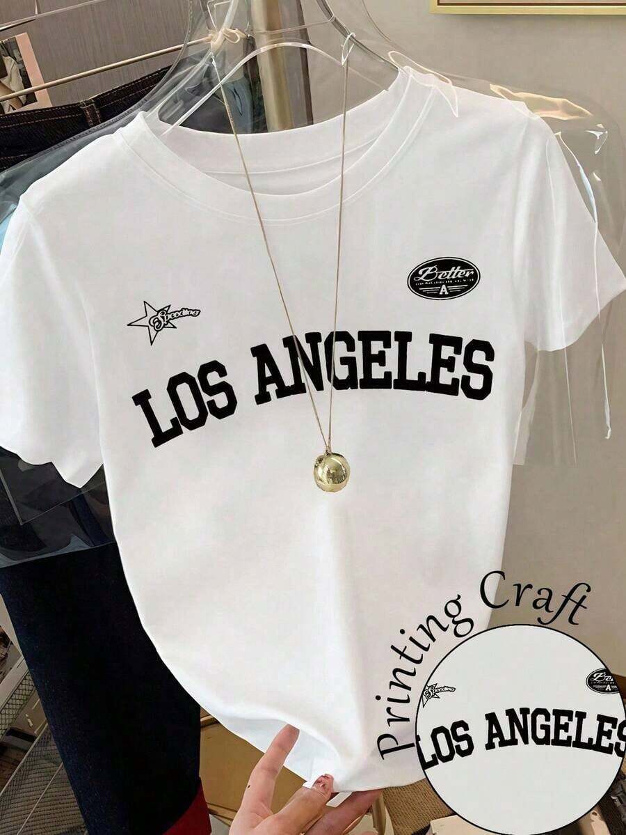 Camiseta de mujer casual de cuello redondo y manga corta con estampado de lazo - Blanco - Ver 1