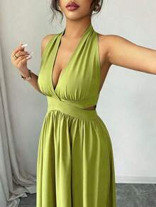 Elegante vestido sin mangas con cuello en V, diseño hueco en la cintura y pliegues, color morado, nueva llegada de primavera/verano - Verde Oliva - Ver 2