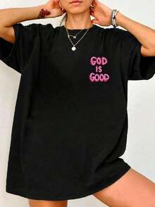 Mexican Basic Casual Short Sleeve Crew Neck T-Shirt With "God Is Good" Graphic Print, Comfortable Plus Size Crew Neck T-Shirt For Women, Spring And Summer, Black, New Launch - 黑色 - 查看 5