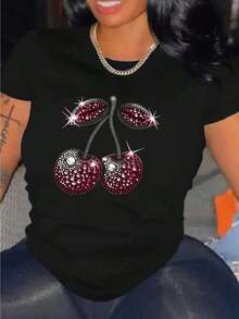Cherry, Strawberry, Lemon 1 Glitter Casual Sweet Party Elegant None Beach Holiday Sporty Office Home Comfortable Cherry Print Crew Neck T-Shirt, With Party And Holiday Atmosphere, Black Blouses For Women, For Spring/Summer - 黑色背景,紅色 - 查看 8
