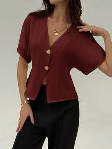 Camisa blanca sólida con mangas de murciélago, doble botonadura y frente abierto elegante - Burdeos - Ver 4