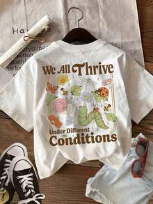 [Double-Sided Front And Back Print] Women's Pure T-Shirt, Cool Style, Insect Text We All Thrive Under Different Conditions Print, Short Sleeve, Round Neck, Spring Summer Top [Yang] - White - View 2