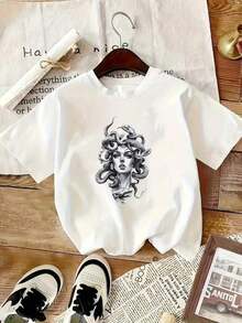 100% cotton Blusa casual de estilo callejero de moda con cuello redondo, manga corta y estampado de Medusa para mujer - Blanco - Ver 4