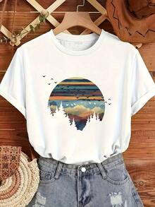 New Women's Casual Short Sleeve T-Shirt 2026 - Scenic Illustration Graphic T-Shirt - Oversized Summer Clothes - Casual Urban Style Round Neck Cotton T-Shirt - Summer Sets For Women - Loose Fit T-Shirt For Everyday Wear - Suitable For Spring, Summer And Autumn. - 白色 - 查看 7