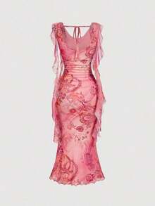 Vestido midi para mujer con escote profundo, cinturón y panel de malla, color rojo - Multicolor - Ver 2