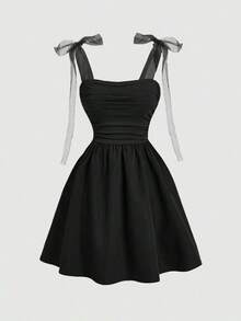 Vestido corto de mujer con estampado de teñido anudado, hombros fruncidos y diseño de nudo a la moda - Negro - Ver 5
