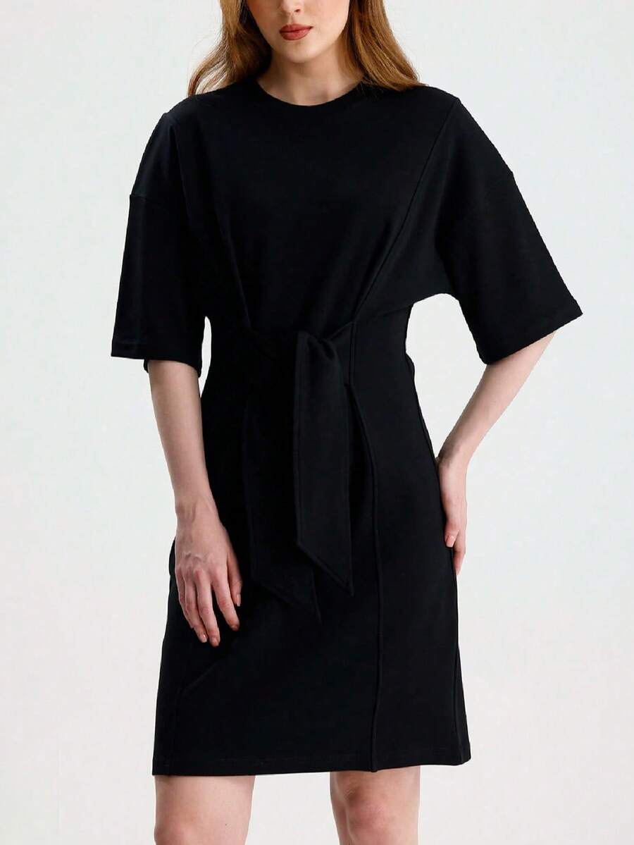RoseArya Cotton Front Tie Detail Above Knee Dress - Black - View 1