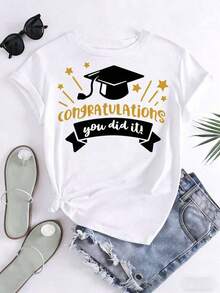 Graduation T-Shirt With Cap And Stars Design, Congratulations, You Did It, For Graduation Celebration, 220g - White - View 3