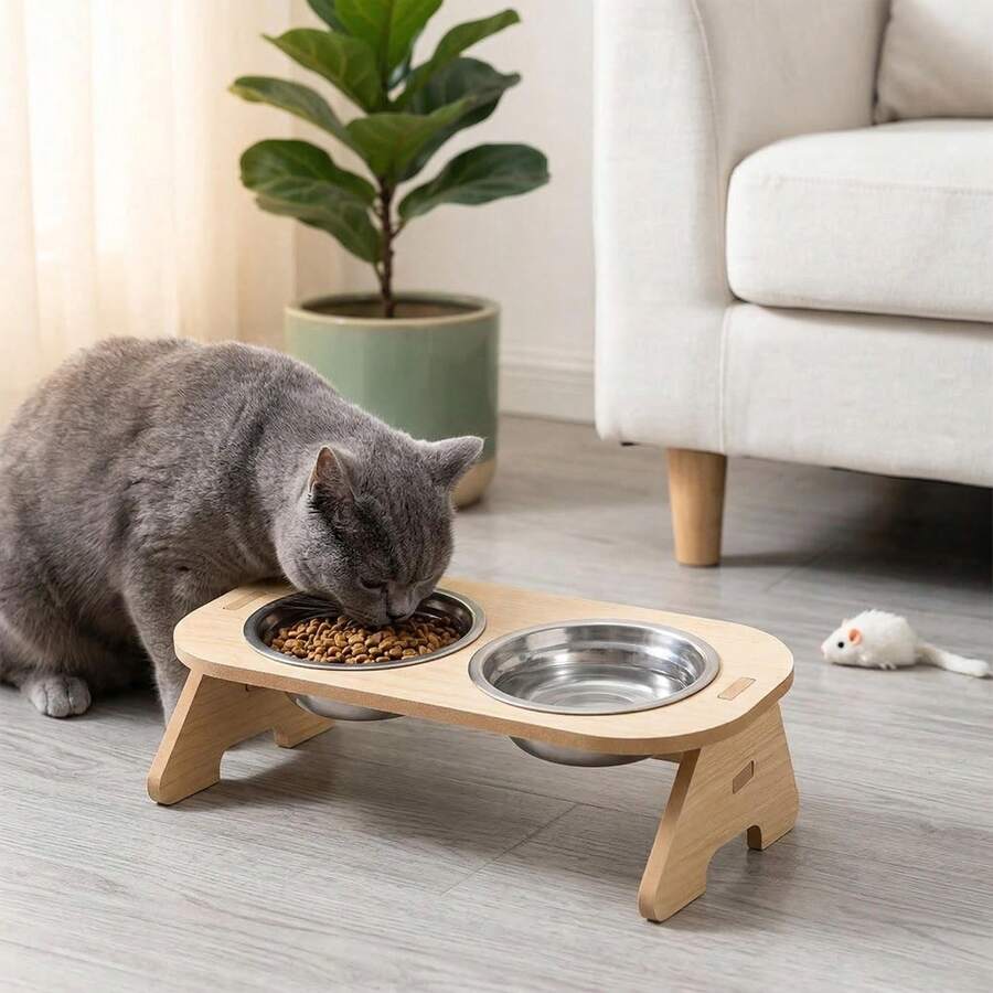 Giá đỡ bát ăn cho mèo bằng gỗ nghiêng 15° kèm 2 bát ăn bằng thép không gỉ, trạm cho ăn cho mèo, máng ăn chống trượt cho thú cưng. - Dung lượng lớn - Xem 1