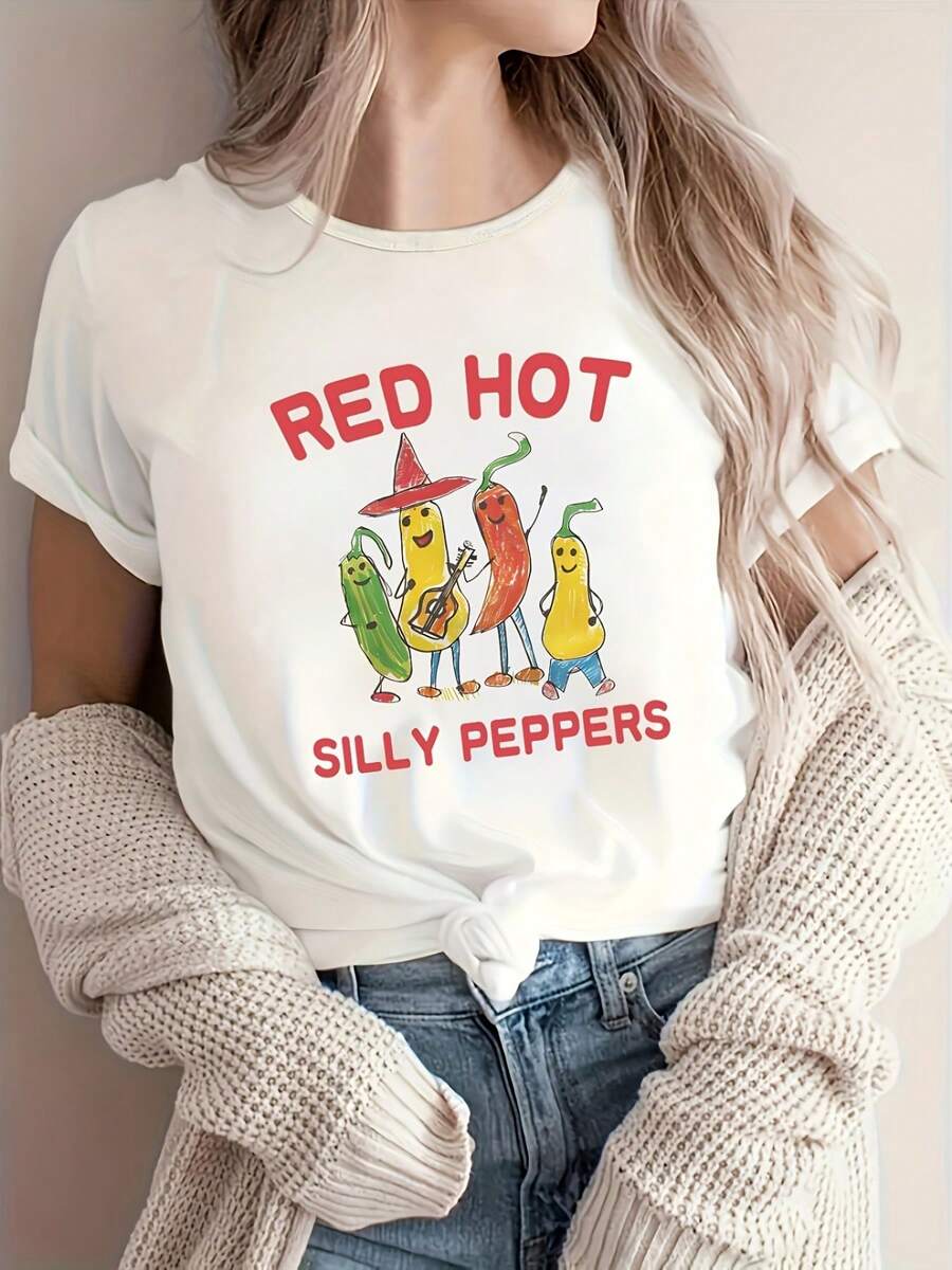 Women's Casual T-Shirt. Fun Chili Pepper Design T-Shirt - Red Short-Sleeved Crew Neck T-Shirt With A Fun Chili Pepper Design, Lightweight And Casual, Machine Washable, Ideal For Casual Summer And Spring Outfits And Chili Pepper-Themed Looks. A Must-Have For Everyday Casual Wear. - 白色 - 查看 1