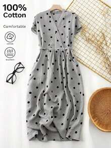 Vestido casual elegante y vintage con estampado de lunares, con bolsillos y lazo en la espalda, silueta minimalista pero refinada de corte evasé con cintura anudada, vestido versátil para oficina/ocasión, conjunto bohemio de lunares para vacaciones, primavera/verano rojo - Gris Claro - Ver 1