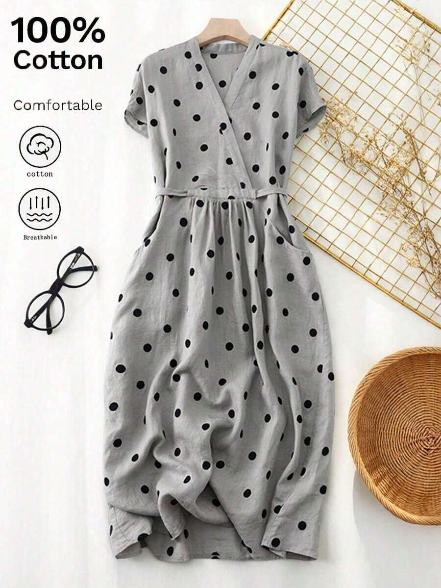 Vestido casual elegante y vintage con estampado de lunares, con bolsillos y lazo en la espalda, silueta minimalista pero refinada de corte evasé con cintura anudada, vestido versátil para oficina/ocasión, conjunto bohemio de lunares para vacaciones, primavera/verano rojo - Gris Claro - Ver 1