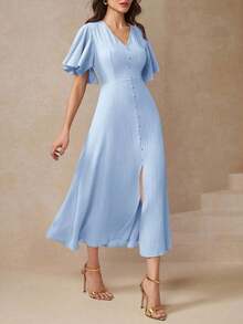 Vestido con abertura en el muslo, mangas de mariposa y botones delanteros para mujer - Blanco - Ver 11