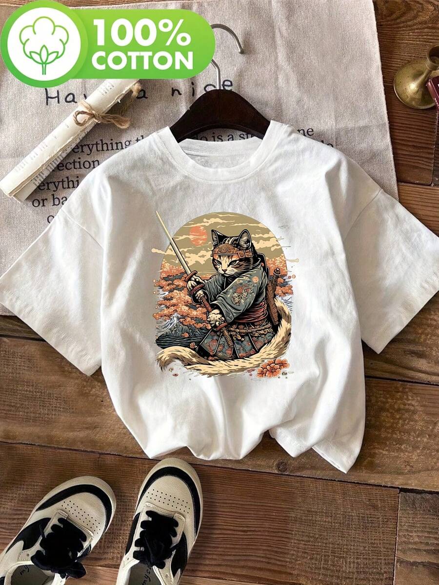 Camiseta de manga corta con cuello redondo y estampado de gato estilo anime japonés con diseño de flor de cerezo y cuchillo, estilo tradicional, ideal para verano y primavera, ropa de mujer - [Blanco] - Ver 1