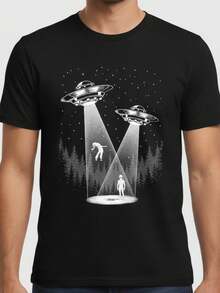 Camiseta Vintage de Abducción de Extraterrestres UFO para Hombre - 100% Algodón Transpirable y Ligero, Camiseta Casual de Manga Corta con Cuello Redondo y Gráfico de Abducción de Rayos de Extraterrestres y UFO, Negra con Estampado de UFO Blanco, Diseño Inspirado en los 80 para Fanáticos de la Ciencia Ficción, Fiestas Temáticas y Uso Casual. - Negro - Ver 7