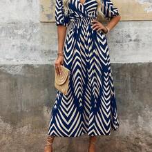 New Contrast Color Geometric Print V-Neck Ruched Waist Flared Hem Dress For Women, Suitable For Commuting, Vacation, Autumn - Naranja - Ver 7