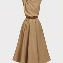 MOD Women's Solid Color Sleeveless Dress (With Belt), Back To School Season, Olive Dress - Caqui - Ver 1