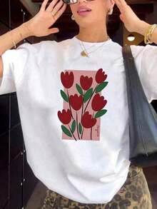 Women's Short-Sleeved Crew Neck T-Shirt With A Print, Made From Pure Cotton. The Classic, Minimalist Crew Neck Is Versatile And Flattering For All Body Types. Perfect For Dates, Commuting, And Casual Outings. - White - View 1