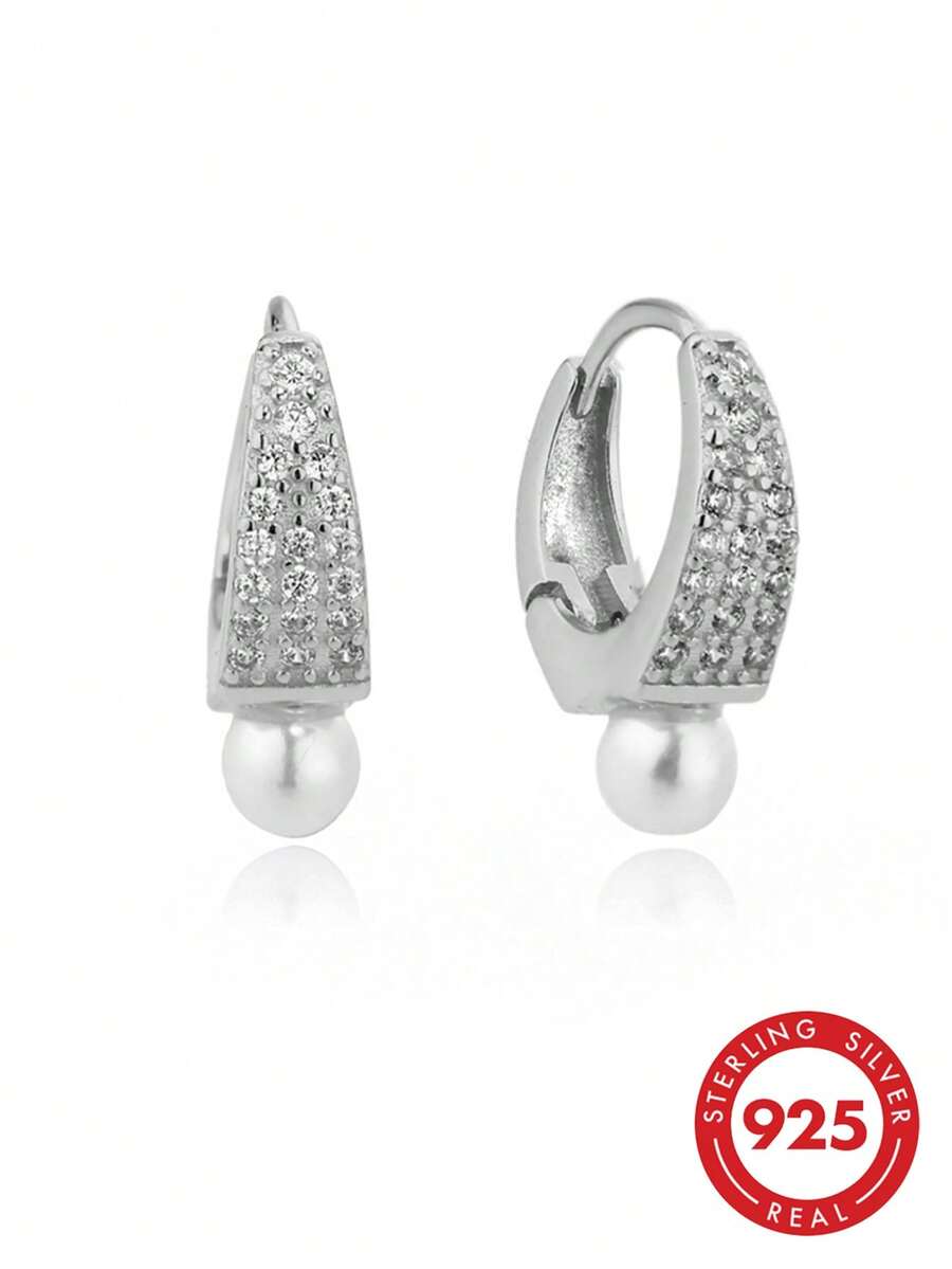 HuooNew 1 Pair 925 Sterling Silver CZ Pearl Pendant Earrings, Delicate Mini Hoop Earrings, Hypoallergenic Jewelry For Women, Perfect Gift - Silver - View 1