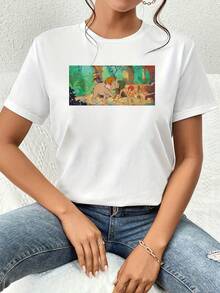 Escena colorida de la selva con un niño aventurero que camina junto a un simpático elefante simbolizando amistad y conexión con la naturaleza inspirando libertad y alegría camiseta de mujer cómoda casual  suave transpirable ideal para uso diario - Blanco - Ver 6