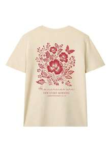 Camiseta de manga corta para mujer, nueva de verano, informal, con estampado floral y de letras, holgada, versátil, de cuello redondo, color gris oscuro, para uso diario y vacaciones. - Albaricoque - Ver 2