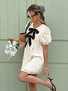 Vestido corto casual de mujer con bloqueo de color y lazo, para verano - Albaricoque - Ver 4