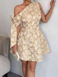 Vestido mini asimétrico de hombro con cintura recogida, decoración de lazo y tela jacquard, elegante para fiesta/cita, primavera/verano - Albaricoque - Ver 4