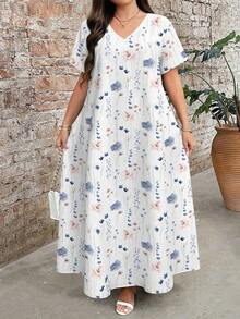 Plus Size Women's Retro Floral Print V-Neck Short Sleeve Maxi Dress, Elegant Summer Holiday Dresses - 多色 3 - 查看 6