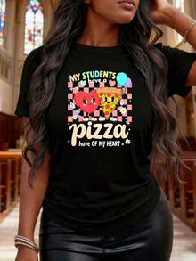 NEW Crew Neck T-Shirt Printed With The Words "My Students Have A Piece Of My Heart", A Fun Valentine's Day T-Shirt For Women, With Cute Pizza And Heart Designs, Suitable As A Holiday Gift - Unisex Vintage Street Style T-Shirt, Loose Fit, Pure Cotton, Short Sleeve And Crew Neck. - 黑色 - 查看 7
