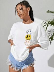 Camiseta de hombros caídos con estampado de cara de dibujos animados - Blanco - Ver 6