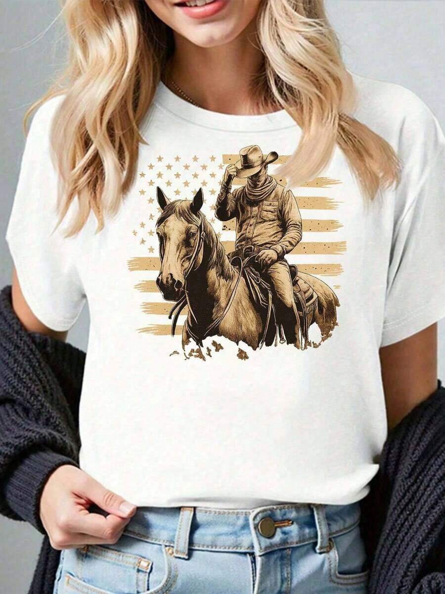 Camiseta de diseño estampado casual 100% algodón para mujer - Top de manga corta estilo vaquera del oeste, con un diseño de soldados saludando y montando a caballo, con estampado de bandera con estrella dorada y rayas, camiseta casual de cuello redondo, adecuada para espectáculos de rodeo, Día de la Independencia (gris/blanco/rojo oscuro) Tops de verano 2026, atuendos cotidianos para mujer. Adecuada para primavera, verano y otoño. - Blanco - Ver 1